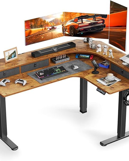 ErGear 65″ L Shaped Standing Desk for Gaming, [3 Drawers & 2 Cable Management Trays] Corner Stand up Desk w/Monitor Shelf Height Adjustable for Home Office, Vintage Brown - LeafyLoom