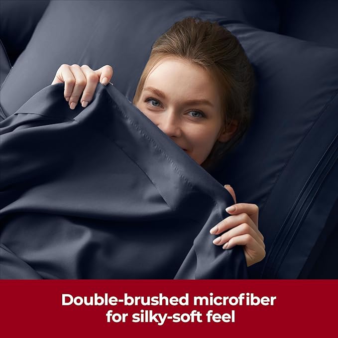 Mellanni Extra Deep Twin Sheets - 3 PC Iconic Collection Bedding Sheets & Pillowcases - Hotel Luxury, Ultra Soft, Cooling Bed Sheets - Extra Deep Pocket up to 21 inch (Twin, Navy Blue) - LeafyLoom