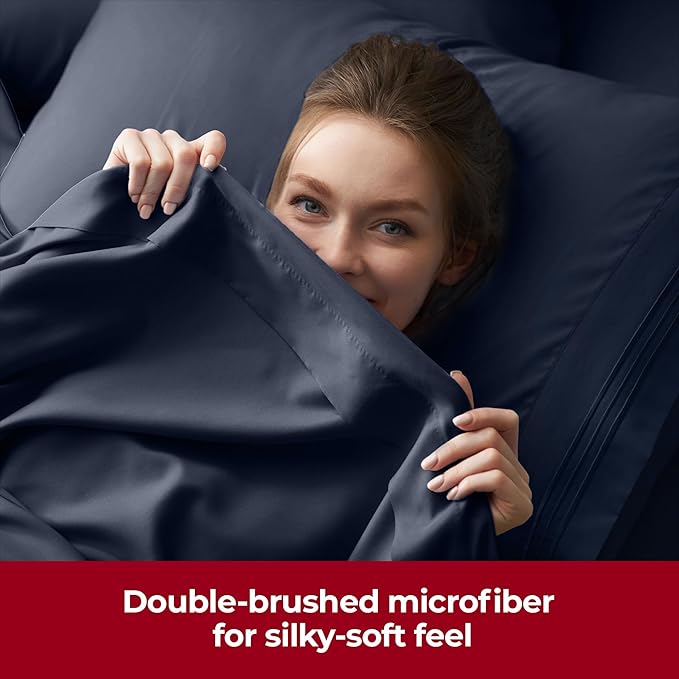 Mellanni Extra Deep Full Sheets - 4 PC Iconic Collection Bedding Sheets & Pillowcases - Hotel Luxury, Ultra Soft, Cooling Bed Sheets - Extra Deep Pocket up to 21 inch (Full, Navy Blue) - LeafyLoom