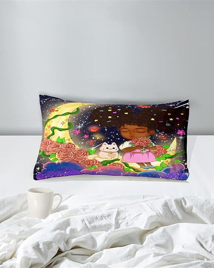 Black Girl Comforter Set Twin - 2Pcs Black Girl Twin Comforter Set for Girls, Twin Size Black Girls Bedding Set, Ultra Soft Breathable Starry Moon Prints Kids Comforter Set with 1 Pillowcase - LeafyLoom