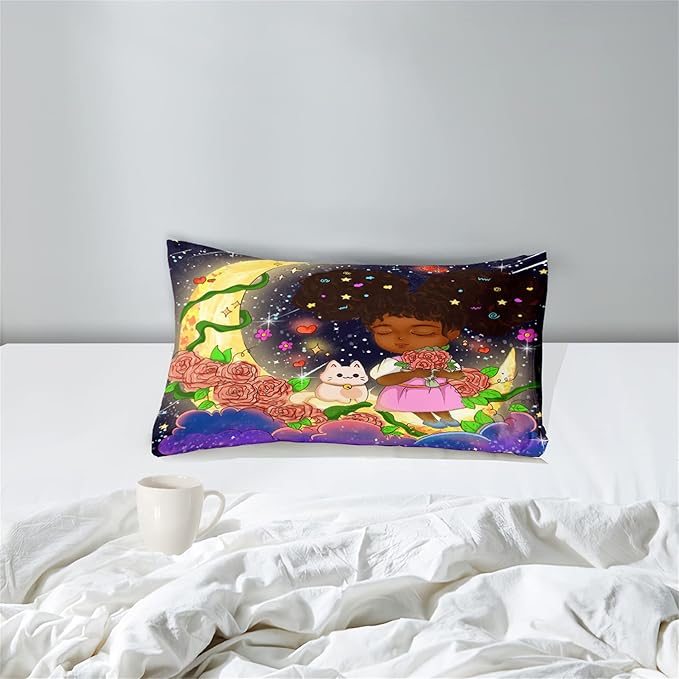 Black Girl Comforter Set Twin - 2Pcs Black Girl Twin Comforter Set for Girls, Twin Size Black Girls Bedding Set, Ultra Soft Breathable Starry Moon Prints Kids Comforter Set with 1 Pillowcase - LeafyLoom