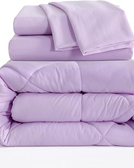 NTBAY Twin Comforter Set with Sheets, 5 Pieces Soft and Breathable Twin Bedding Set, Twin Bed in a Bag, Down Alternative Comforter Set Solid Color All Season, Kids Bedding Set, Light Purple - LeafyLoom