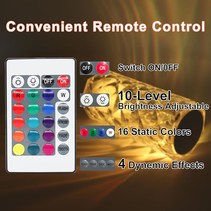 Rose Touch Lamp RGB Night Light, USB Rechargeable Touch Remote Control Crystal Light for Bedroom Living Room Home Decor Colorful Decorative Lights - LeafyLoom
