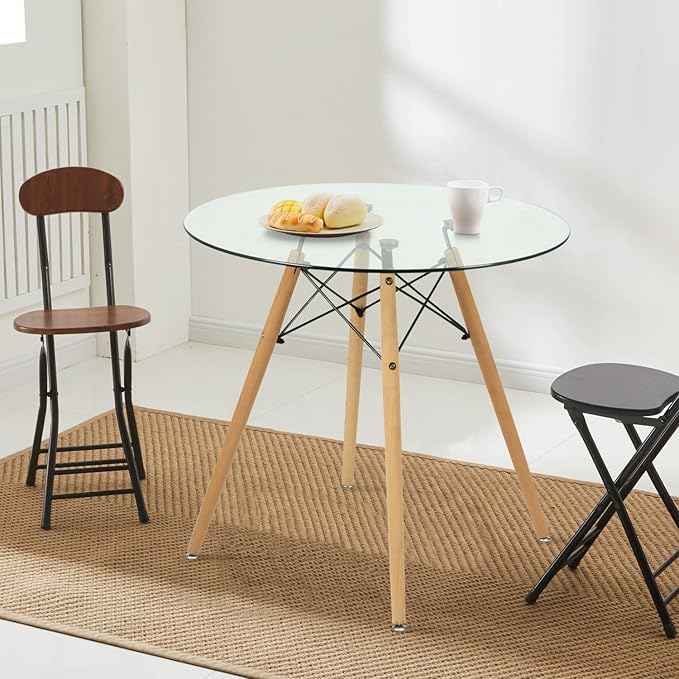FurnitureR 31.5 Inch Modern Round Dining Table Glass with Wooden Legs for Home Kitchen Living Room Corner Small Spaces Leisure - LeafyLoom