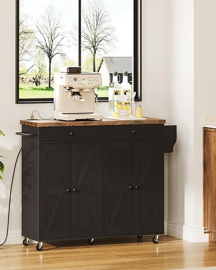 HOOBRO 43.3 Inch Kitchen Island with Charging Station, Rolling Kitchen Island with Storage, Kitchen Island Cart with Spice Rack and Hooks, for Kitchen, Living Room, Rustic Brown and Black BF11UZD01 - LeafyLoom