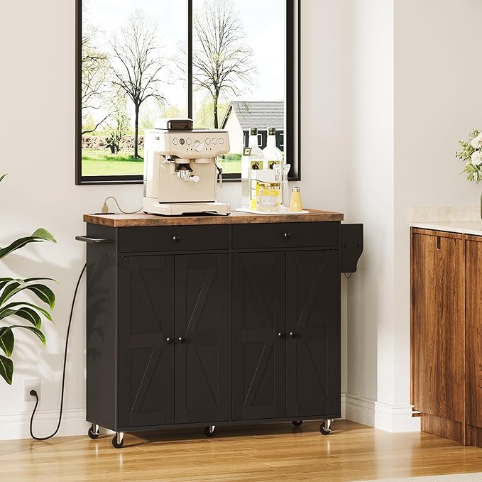 HOOBRO 43.3 Inch Kitchen Island with Charging Station, Rolling Kitchen Island with Storage, Kitchen Island Cart with Spice Rack and Hooks, for Kitchen, Living Room, Rustic Brown and Black BF11UZD01 - LeafyLoom