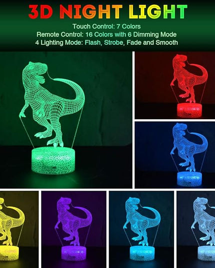 LETOUR Night Light for Kids Dinosaur 3D Night Light Porpoise Illusion Lamp with Remote Control 16 Color Changing Xmas Halloween Birthday Gift for Child Baby Boy (Remote - Ice Crack Base) - LeafyLoom