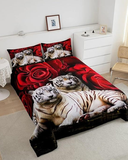 Tiger Comforter Set King, Red Rose Comforter Kids Girls Women,Red Image Of Large Cat Playing with Water Cool Nature Animal Quilted Duvet Insert Gorgeous Floral Flower Bedding Comforters,Brown - LeafyLoom