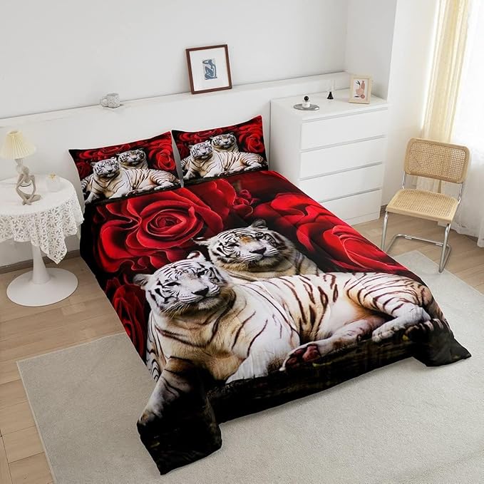 Tiger Comforter Set King, Red Rose Comforter Kids Girls Women,Red Image Of Large Cat Playing with Water Cool Nature Animal Quilted Duvet Insert Gorgeous Floral Flower Bedding Comforters,Brown - LeafyLoom
