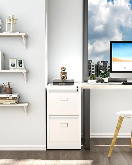 2 Drawer File Cabinet,Metal Vertical File Cabinets with Lock for Home Office,Heavy Duty Office Steel Filing Cabinet for Hanging Letters/Legal/A4, Assembly Required (White) - LeafyLoom