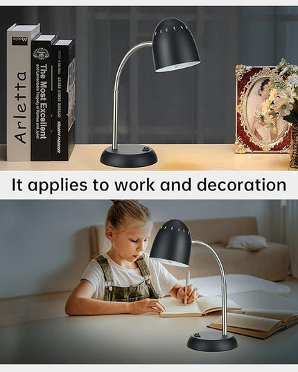 Eye-Caring Table Lamp of Simple Designs Home E26 Led Screw Basic Metal Desk Lamp with Flexible Gooseneck Hose Neck Study Lamp for Bedroom Office Living Room Convenient On/Off Switch(Black) - LeafyLoom