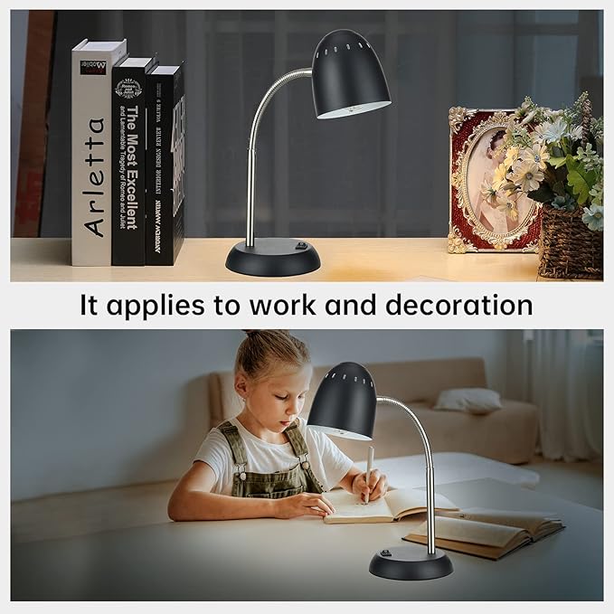 Eye-Caring Table Lamp of Simple Designs Home E26 Led Screw Basic Metal Desk Lamp with Flexible Gooseneck Hose Neck Study Lamp for Bedroom Office Living Room Convenient On/Off Switch(Black) - LeafyLoom