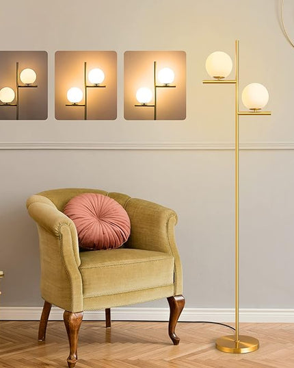 EDISHINE 67.5in Mid Century Modern Globe Floor Lamp, Upgraded Dimmable Gold Standing Lamps for Living Room, Frosted Glass Shade, LED Tall Pole Lamp for Bedroom-Brass Plating - LeafyLoom
