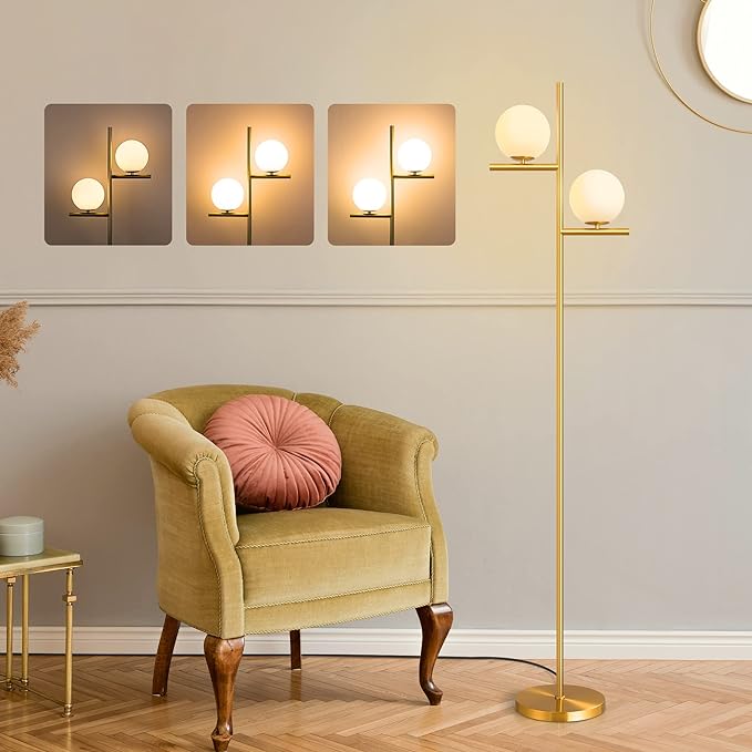 EDISHINE 67.5in Mid Century Modern Globe Floor Lamp, Upgraded Dimmable Gold Standing Lamps for Living Room, Frosted Glass Shade, LED Tall Pole Lamp for Bedroom-Brass Plating - LeafyLoom