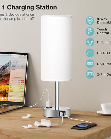 White Touch Bedroom Table Lamp - 3 Way Dimmable Bedside Lamp USB C A Charging Ports and AC Outlet, Small Lamp Nightstand with Silver Base for Living Room, Office Desk, LED Bulb Included - LeafyLoom