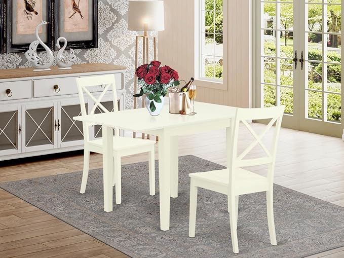 East West Furniture NDBO3-LWH-W Norden 3 Piece Dinette Set for Small Spaces Contains a Rectangle Table with Dropleaf and 2 Kitchen Dining Chairs, 30x48 Inch, Linen White - LeafyLoom