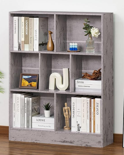 LEYAOYAO 7 Cube Bookshelf with Base,3 Tier Mid-Century Modern Grey Bookcase,Standing Wide Bookshelves Storage Organizer Shelf,Rustic Wood Display Cabinet Book Shelves for Bedroom,Living Room,Office - LeafyLoom