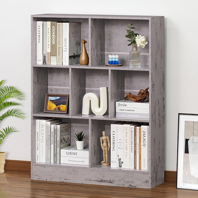 LEYAOYAO 7 Cube Bookshelf with Base,3 Tier Mid-Century Modern Grey Bookcase,Standing Wide Bookshelves Storage Organizer Shelf,Rustic Wood Display Cabinet Book Shelves for Bedroom,Living Room,Office - LeafyLoom