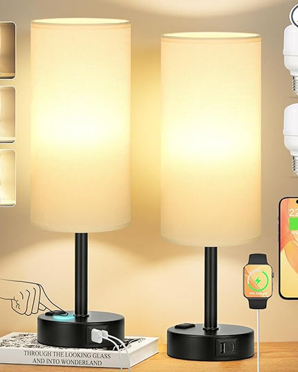 White Bedroom Lamps Set of 2-3 Way Dimmable Touch Table Lamps with USB C and A Ports, Bedside Lamps for Nightstand with AC Outlet, Small Desk Lamps with Black Base for Office Hotel - LeafyLoom