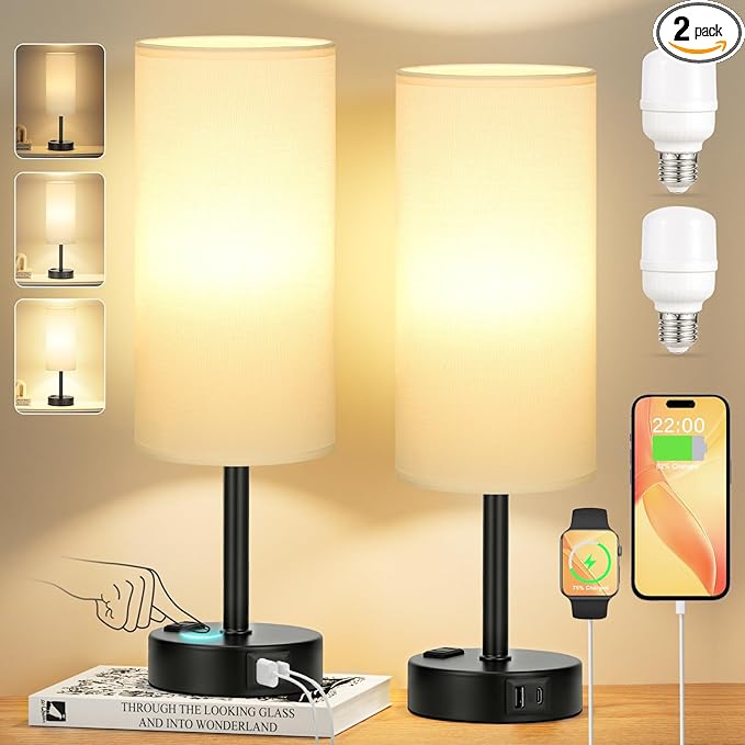 White Bedroom Lamps Set of 2-3 Way Dimmable Touch Table Lamps with USB C and A Ports, Bedside Lamps for Nightstand with AC Outlet, Small Desk Lamps with Black Base for Office Hotel - LeafyLoom