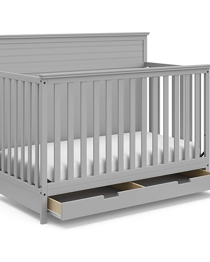 STORKCRAFT Homestead 5-in-1 Convertible Crib with Drawer (Pebble Gray) – GREENGUARD Gold Certified, Crib with Drawer Combo, includes Nursery Storage Drawer, Converts to Toddler Bed and Full-Size Bed - LeafyLoom