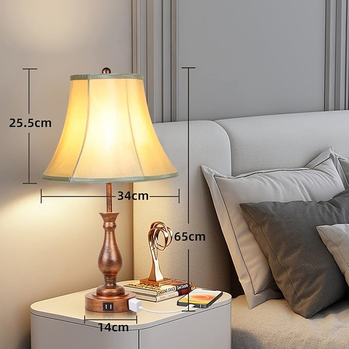 Farmhouse Table Lamp Touch Control 3-Way Dimmable Table Lamp, Modern Nightstand Lamp with 2 USB Port Bedside Desk Lamp with Fabric Shade for Living Room Bedroom Hotel (Pack-001) - LeafyLoom