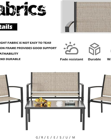 Greesum 4 Pieces Patio Furniture Set, Outdoor Conversation Sets for Patio, Lawn, Garden, Poolside with A Glass Coffee Table, Beige - LeafyLoom