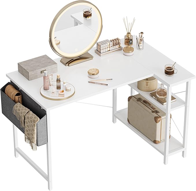 BANTI L Shaped Small Computer Desk with Storage Shelves, 40" Home Office Small Corner Desk Study Writing Table, White - LeafyLoom