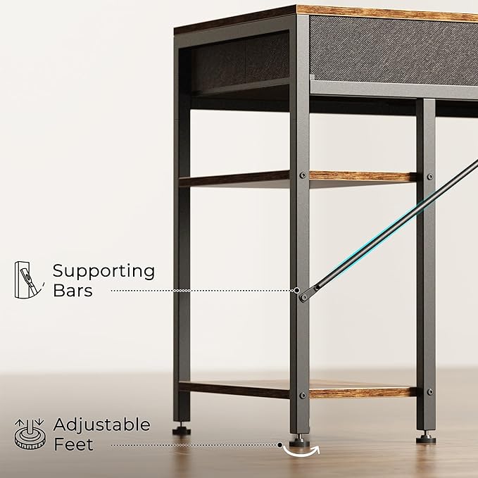 Computer Desk with 6 Drawers, 47 Inch Office Desk with Shelves, Reversible Gaming Desk, Corner Desk with Storage, Work Desk for Home Office, Study, Living Room, Rustic Brown - LeafyLoom