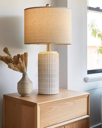 PoKat 23" Modern Ceramic Table Lamp Set of 2 for Living Room White Desk Lamps for Bedroom Farmhouse Bedside Nightstand Bedside Lamp End Table Lamps Beige - LeafyLoom