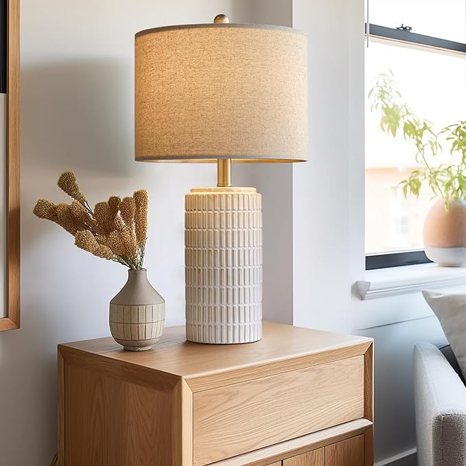 PoKat 23" Modern Ceramic Table Lamp Set of 2 for Living Room White Desk Lamps for Bedroom Farmhouse Bedside Nightstand Bedside Lamp End Table Lamps Beige - LeafyLoom