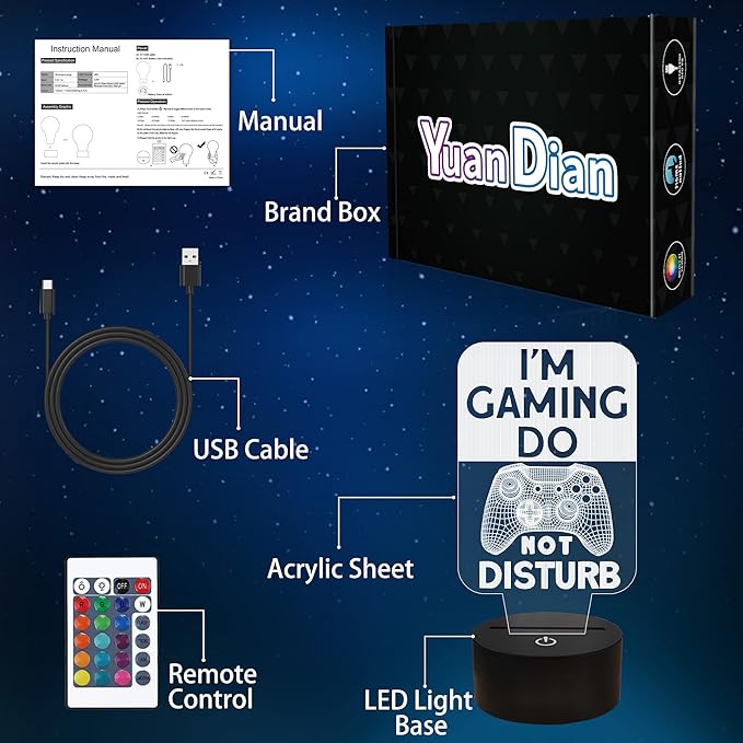 Do Not Disturb I'm Gaming Night Light,Gamepad Graphic Video Games Gamer Gift Funny 3D Illusion Lamp 16 Colors Changing Touch & Remote Control for Men Teenagers and Kids - LeafyLoom