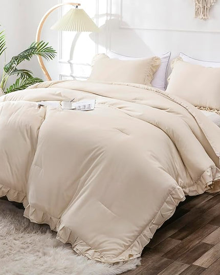 Beige Double Ruffle Comforter Set Full Size (79x90 Inch), 3 Pcs Farmhouse Vintage Cream Comforter Set (1 Ruffled Comforter and 2 Pillowcase), Rustic All Season Down Alternative Bedding Set - LeafyLoom