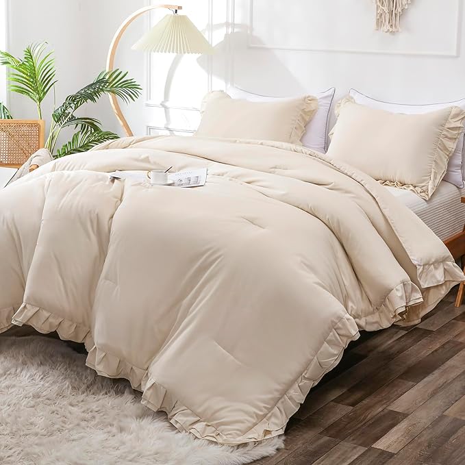Beige Double Ruffle Comforter Set Full Size (79x90 Inch), 3 Pcs Farmhouse Vintage Cream Comforter Set (1 Ruffled Comforter and 2 Pillowcase), Rustic All Season Down Alternative Bedding Set - LeafyLoom