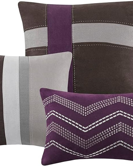 Madison Park Palisades Comforter Set Modern Faux Suede Pieced Stripe Design, All Season Down Alternative Cozy Bedding with Matching Shams, Decorative Pillows, King(104"x92"), Purple 7 Piece - LeafyLoom