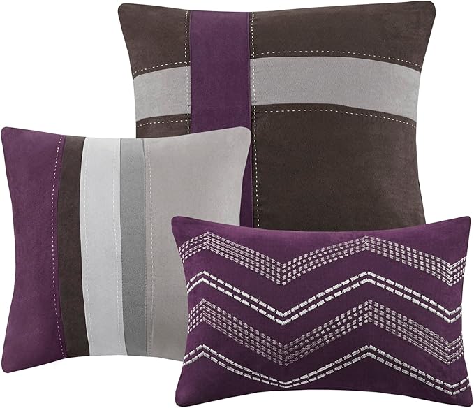 Madison Park Palisades Comforter Set Modern Faux Suede Pieced Stripe Design, All Season Down Alternative Cozy Bedding with Matching Shams, Decorative Pillows, King(104"x92"), Purple 7 Piece - LeafyLoom