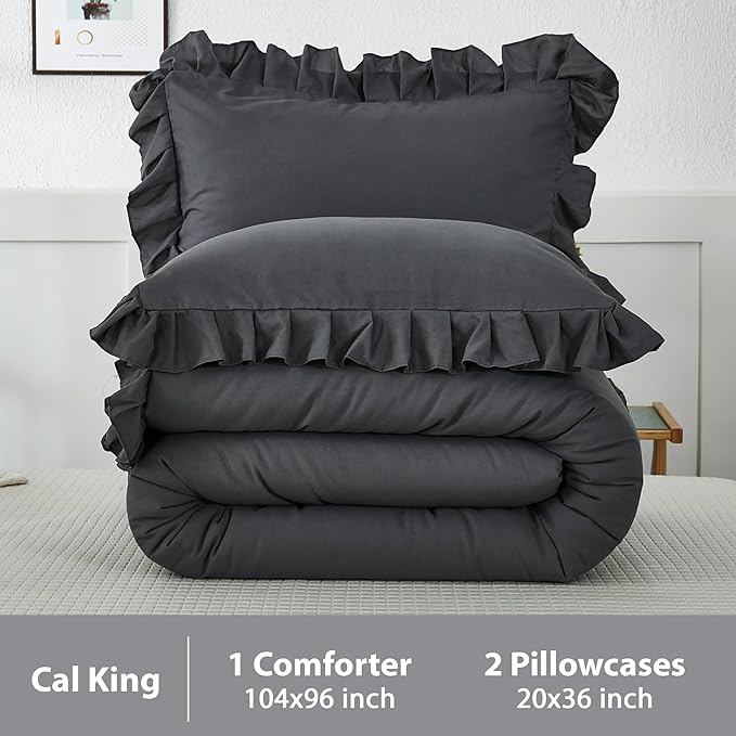 Andency California King Comforter Set Dark Gray (104x96Inch), 3 Pieces Cal King Ruffle Comforter, Oversized Farmhouse Shabby Chic Bed Comforter, Lighteweight and Soft Microfiber Bedding Set - LeafyLoom