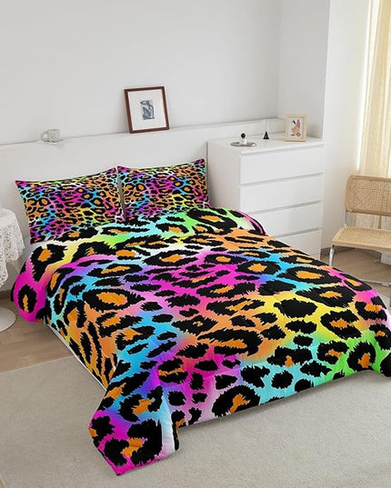 Leopard Print Comforter Set for Girls Kids Women Neon Rainbow Leopard Fur Bedding Set Mottled Exotic Panthera Skin Comforter Room Decor Colorful Camouflage Safari Theme Duvet Set King Size Quilt Set - LeafyLoom