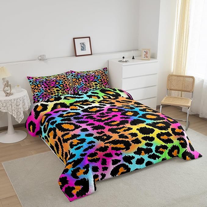 Leopard Print Comforter Set for Girls Kids Women Neon Rainbow Leopard Fur Bedding Set Mottled Exotic Panthera Skin Comforter Room Decor Colorful Camouflage Safari Theme Duvet Set King Size Quilt Set - LeafyLoom