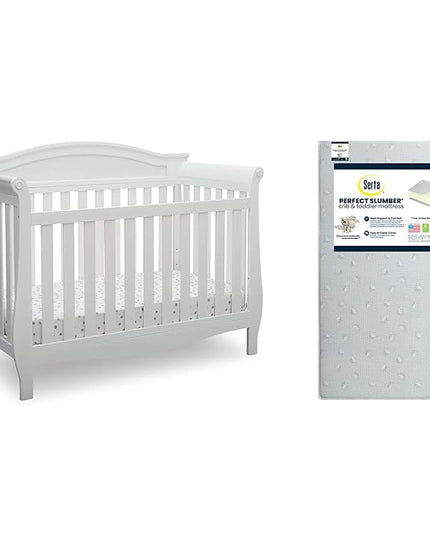 Delta Children Lancaster 4-in-1 Convertible Baby Crib, Bianca White + Serta Perfect Slumber Dual Sided Recycled Fiber Core Crib and Toddler Mattress (Bundle) - LeafyLoom