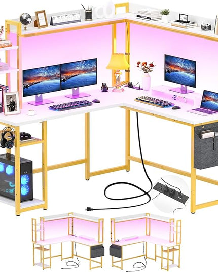 Aheaplus L Shaped Desk with Power Outlet, L Shaped Gaming Desk with Led Light & Hutch, Reversible Home Office Desk, Corner Computer Desk Writing Desk with Monitor Stand & Storage Shelf, White+Gold - LeafyLoom