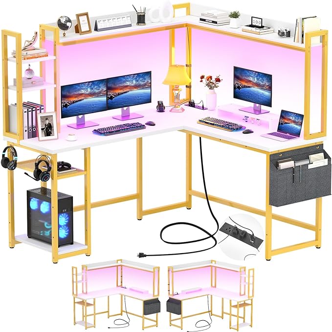 Aheaplus L Shaped Desk with Power Outlet, L Shaped Gaming Desk with Led Light & Hutch, Reversible Home Office Desk, Corner Computer Desk Writing Desk with Monitor Stand & Storage Shelf, White+Gold - LeafyLoom