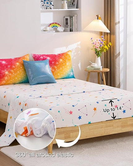 A Nice Night Gradient Glitter 6Pcs Bed in A Bag Bedding Set for Girls Twin Size, Colorful Rainbow Galaxy Comforter Set, Ultra Soft Bedding Sets, YellowBlue - LeafyLoom
