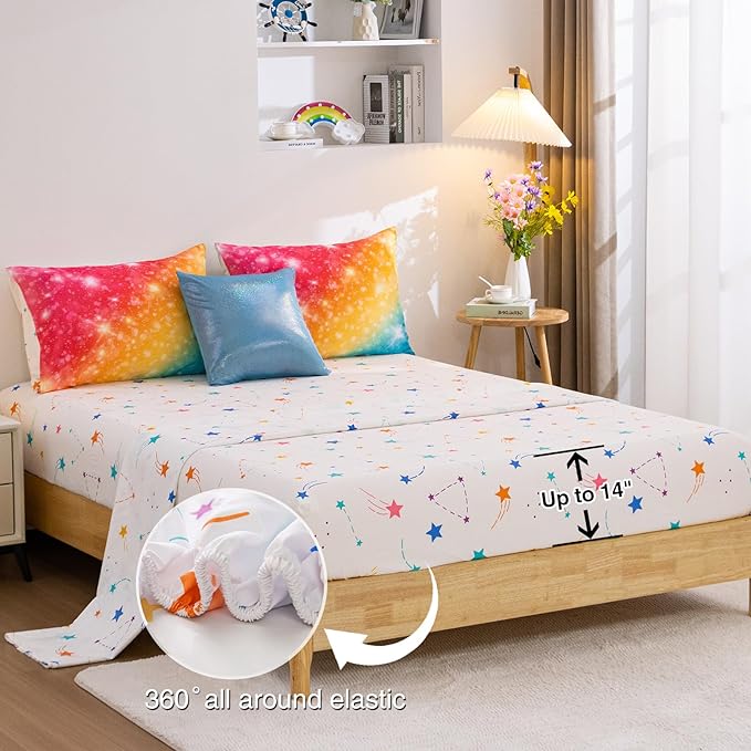 A Nice Night Gradient Glitter 6Pcs Bed in A Bag Bedding Set for Girls Full Size, Colorful Rainbow Galaxy Comforter Set, Ultra Soft Bedding Sets, YellowBlue - LeafyLoom