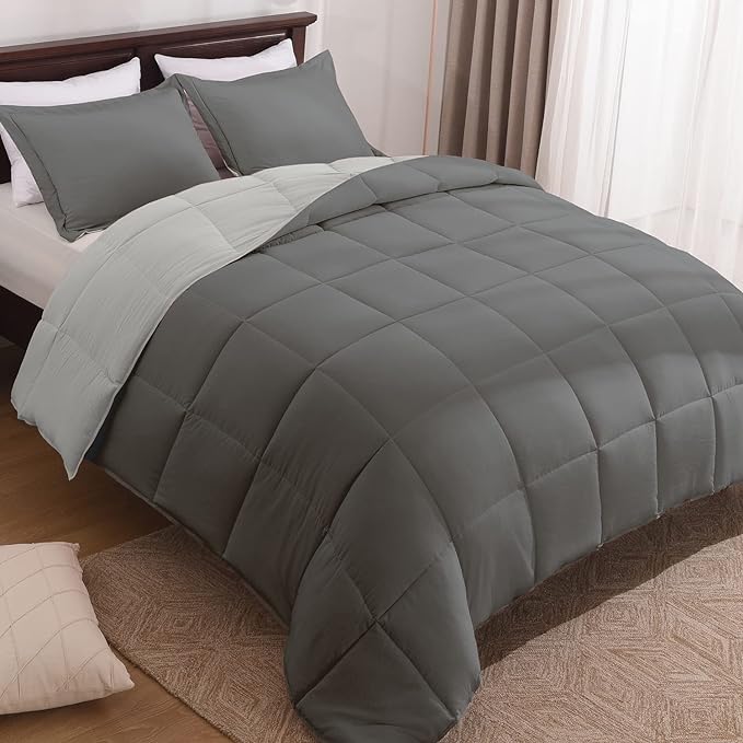 Basic Beyond Queen Comforter Set - Fluffy Comforter Queen Set for All Seasons - Reversible Dark Grey Comforter Set for Mens - 3 Pieces (1 Comforter + 2 Pillow Shams) - Dark Gray/Grey - LeafyLoom