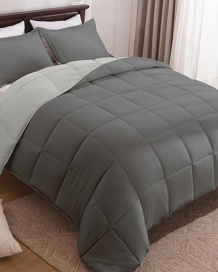 Basic Beyond King Size Comforter Set - Fluffy King Bed Comforter Set for All Seasons - Reversible Dark Grey Comforter Set - 3 Pieces (1 Comforter + 2 Pillow Shams) - Dark Gray/Grey - LeafyLoom