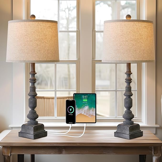Oneach 27.75" Vintage Farmhouse USB A+C Table Lamps Set of 2 for Living Room Traditional Bedside Lamps for Bedroom Office Mid Century Table Lamp Antique Grey Accent Rustic Lamps for End Table - LeafyLoom