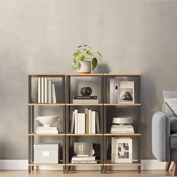 TUTOTAK Bookshelf, 4-Tier Tall Book Shelf, Narrow Bookcase for Small Space, DIY Stackable Bookshelf, for Living Room, Office, Study, Entryway, Industrial, Rustic Brown BS01BB004 - LeafyLoom