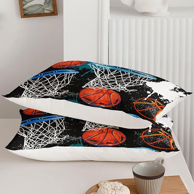 Axolotl Basketball Comforter Set Queen,Sports Comforter Set,Basketball Bedding Set,Sports Theme Comforter Set,Grunge Bedding Aesthetic Cool Style for Boys Kids Men,1 Quilt 2 Pillowcases,Black Blue - LeafyLoom