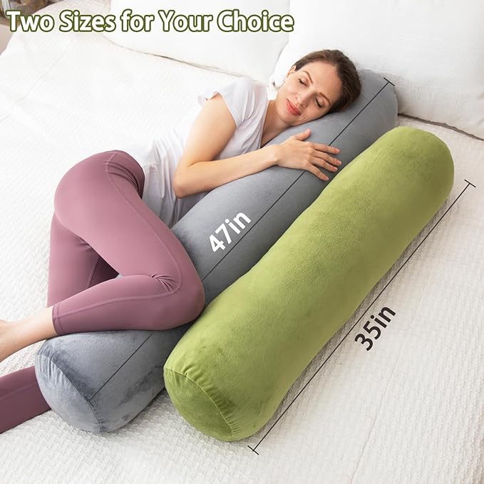Body Pillow, Memory Foam Round Body Pillows for Adults, Firm Long Bolster Pillow for Bed, Cylinder Tube Roll Pillow with Velvet Cover, 47x7.87 Inches, Green - LeafyLoom